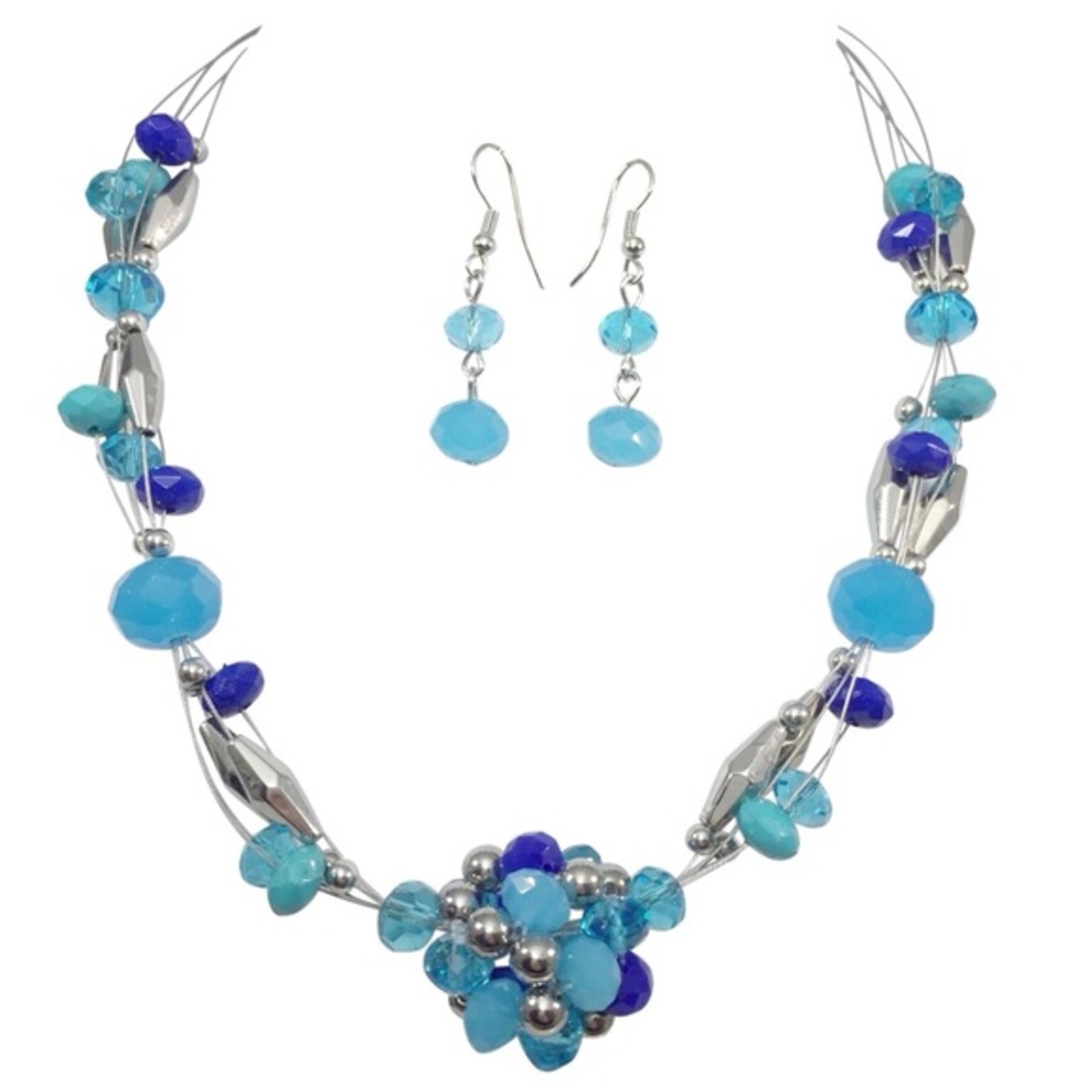 Blue Tones Bead Ball Illusion Necklace Earring Set